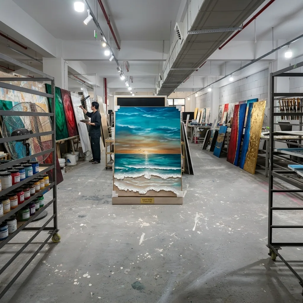 Qitong Arts handcrafting workshop where artisans finish canvas wall art