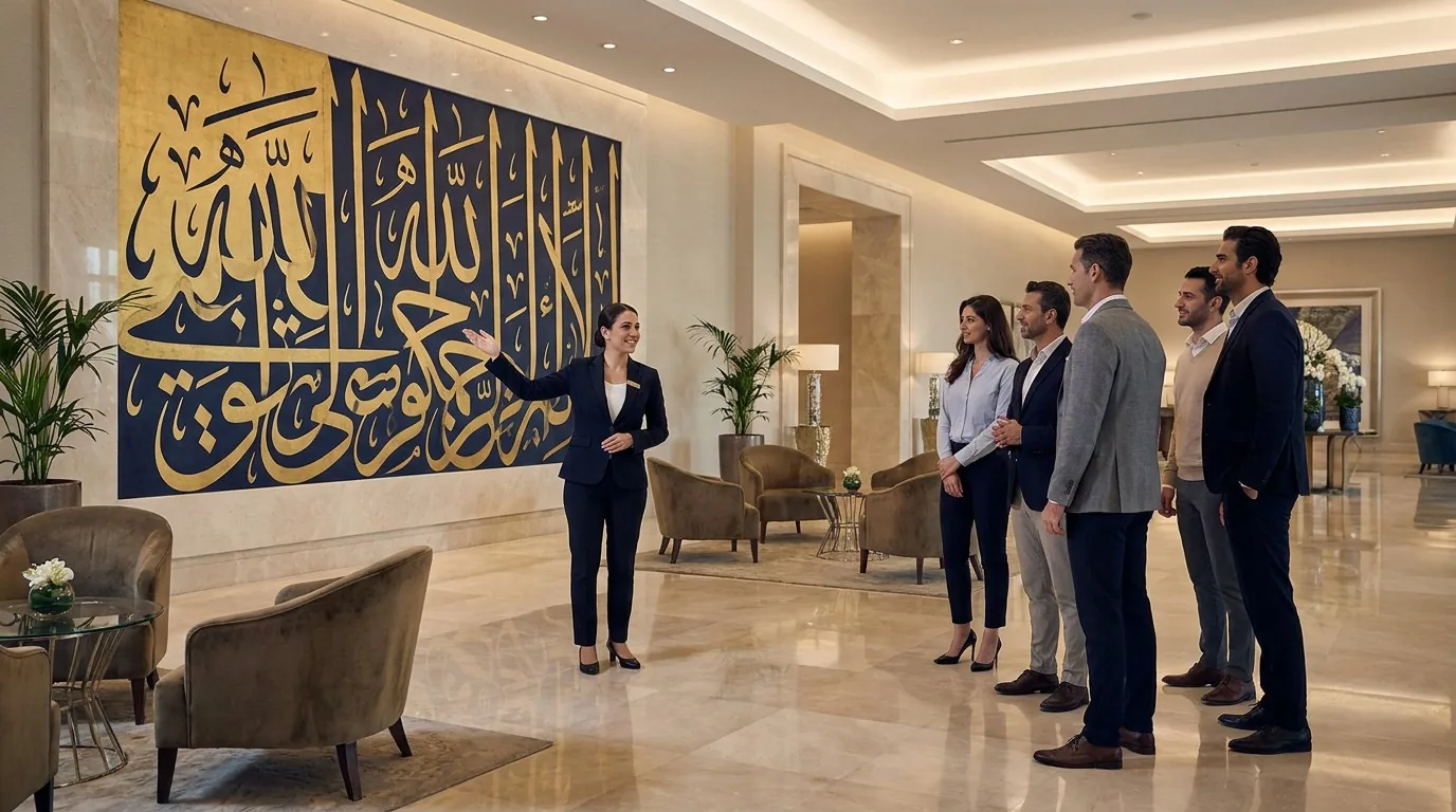 Custom handcrafted wall art in luxury hotel lobby — Qitong Arts