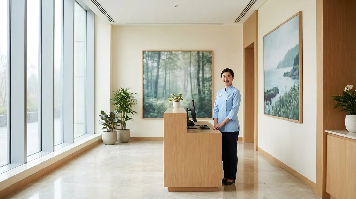 Calming botanical wall art in a healthcare facility corridor